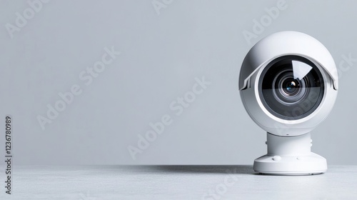 Security camera on table, grey background, home security system