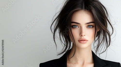 Charismatic woman dazzling pale blue eyes porcelain fair skin loose black curls structured suit grayscale style Ultra-Realistic Photo Realistic highly detailed 