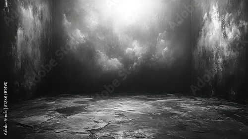 Empty, grunge, interior, cloudy sky backdrop