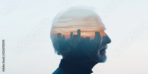 Double exposure portrait of an elderly man looking up, seamlessly blended with a metropolitan cityscape, symbolizing wisdom, dreams, and life experiences