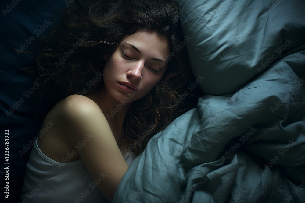 Serene moment of a young woman enjoying a peaceful sleep, enveloped in the comfort of her bed and blue sheets Serene moment of a young woman enjoying a peaceful sleep, enveloped in the comfort of her bed and blue sheets