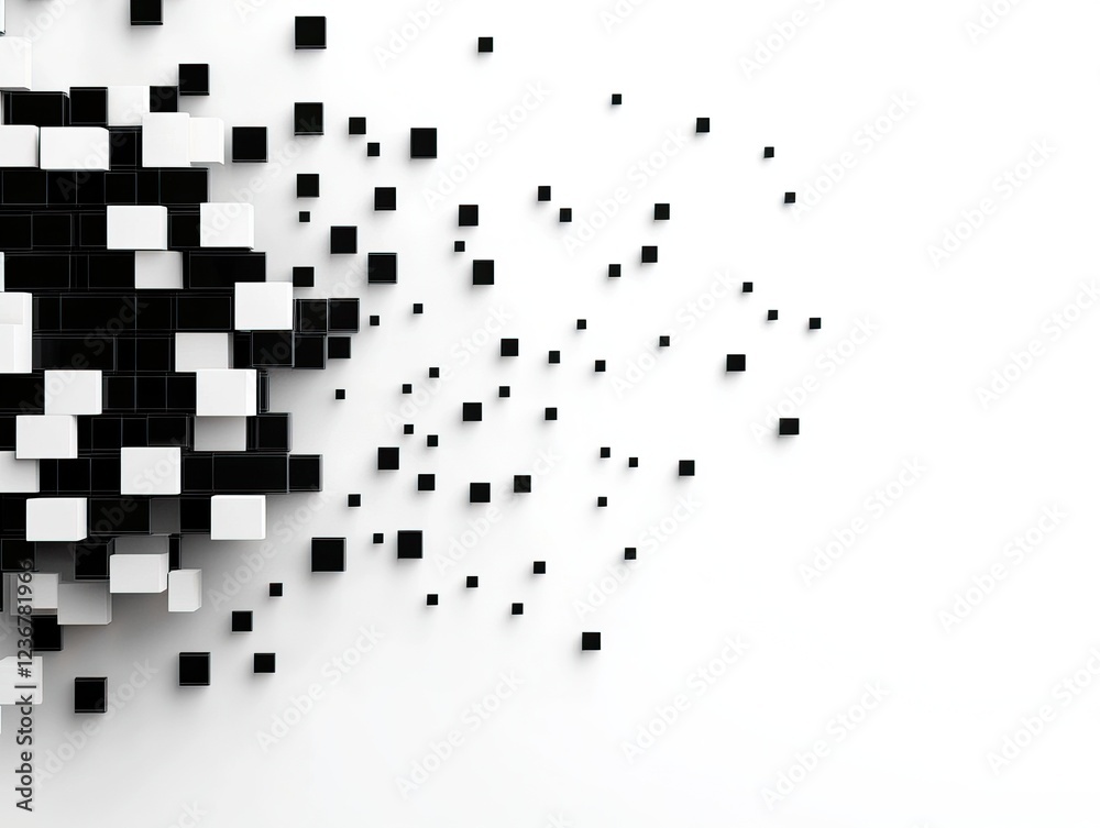 A dynamic arrangement of black and white cubes, creating a striking contrast and a sense of movement against a plain background. A dynamic arrangement of black and white cubes, creating a striking contrast and a sense of movement against a plain background.