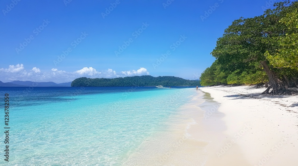 Fototapeta premium Tropical beach paradise white sand, turquoise water, island views, boat in distance; ideal for travel brochures