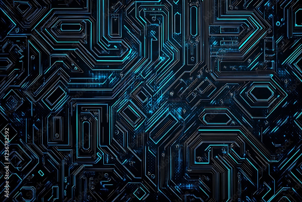 Abstract close-up of a glowing blue digital circuit board, showcasing intricate connections and technological design on a black background.
