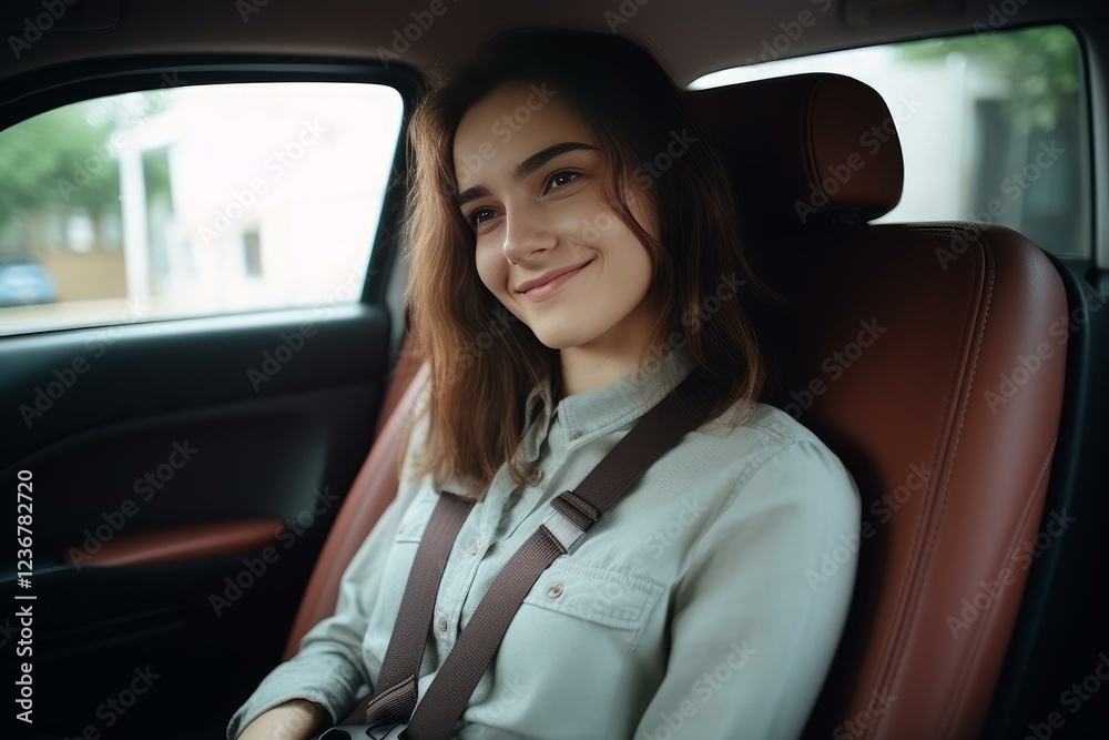 Happy businesswoman wearing seatbelt and enjoying road trip in comfortable car Happy businesswoman wearing seatbelt and enjoying road trip in comfortable car