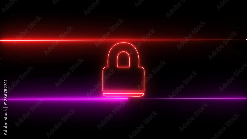 Neon lines direction glowing unlock icons with cybersecurity lock icons safety, protection technology futuristic trendy ribbon lines Neon lines direction glowing unlock icons with cybersecurity lock icons safety, protection technology futuristic trendy ribbon lines
