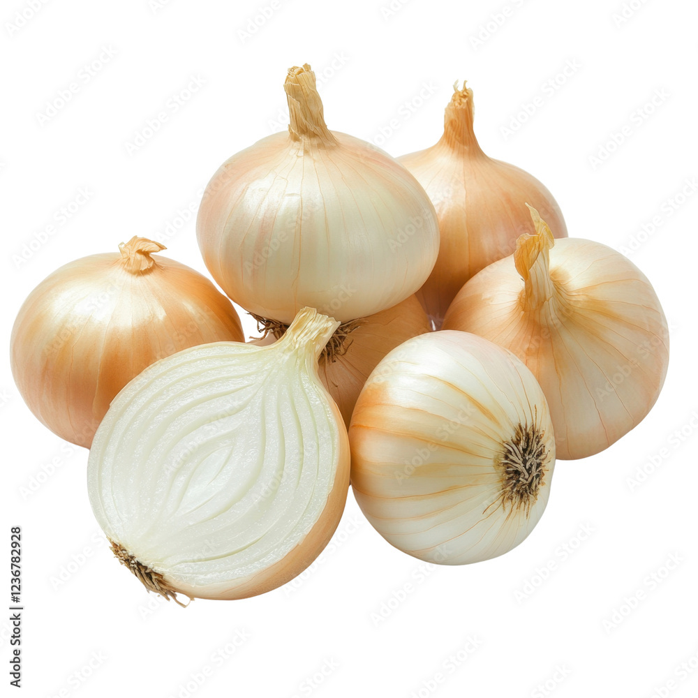 Fototapeta premium Fresh Raw Onions with One Onion Cut in Half on White Background