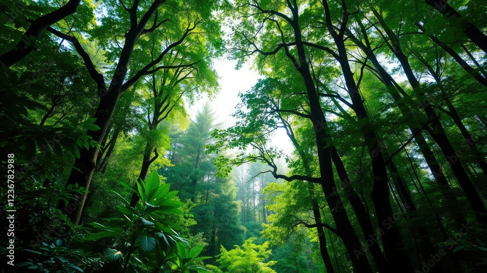 Naklejka premium Lush greenery and towering trees in a dense forest environment, with sunlight filtering through the canopy above, undergrowth, foliage