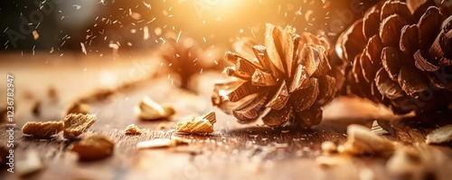 Close-Up of Pinecones and Wood Shavings Glowing in Warm Sunlight on Natural Wooden Surface