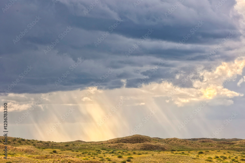 Landscape with big clouds and rain in the steppe Landscape with big clouds and rain in the steppe