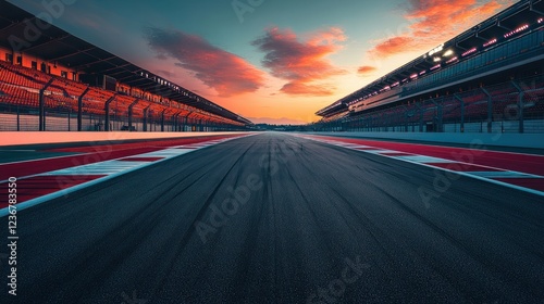 Empty race track at sunset, stadium background, racing