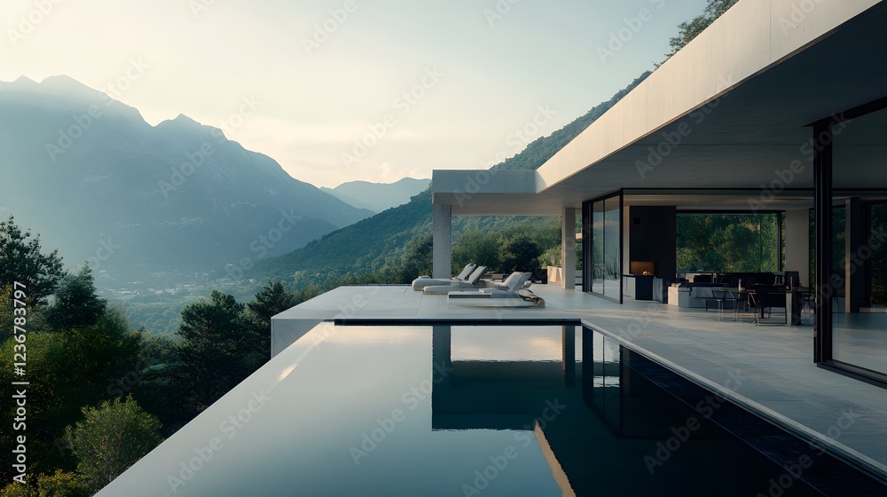 Fototapeta premium Modern villa with infinity pool overlooking scenic mountain landscape