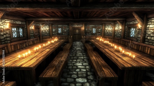 Medieval Tavern Hall with Long Wooden Tables and Candles