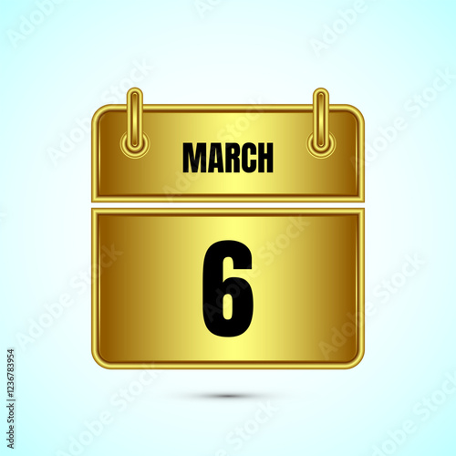 March 6 calendar and time planner on gold background. Daily calendar icon, schedule symbol