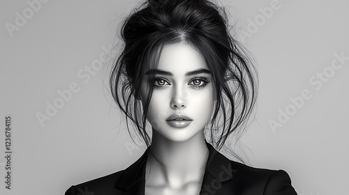 Slender beautiful woman fair skin pale blue eyes voluminous black curls loose bun stylish professional suit black and white photo Ultra-Realistic Photo Realistic highly detailed 