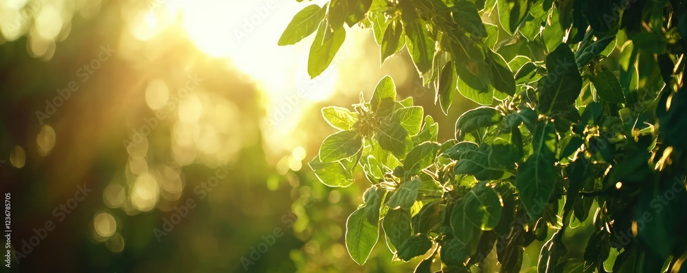 Obraz premium Sunlight Illuminating Fresh Green Leaves in a Lush Morning Garden During Sunrise
