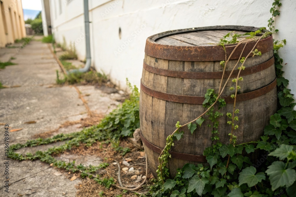 Old whiskey barrel with a worn wooden lid and vines growing around it, rural storage, old wood, brown leather, whiskey barrel, antique furniture Old whiskey barrel with a worn wooden lid and vines growing around it, rural storage, old wood, brown leather, whiskey barrel, antique furniture
