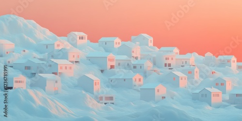 Minimalistic white houses scattered over snow-covered hills under a warm pink sunset