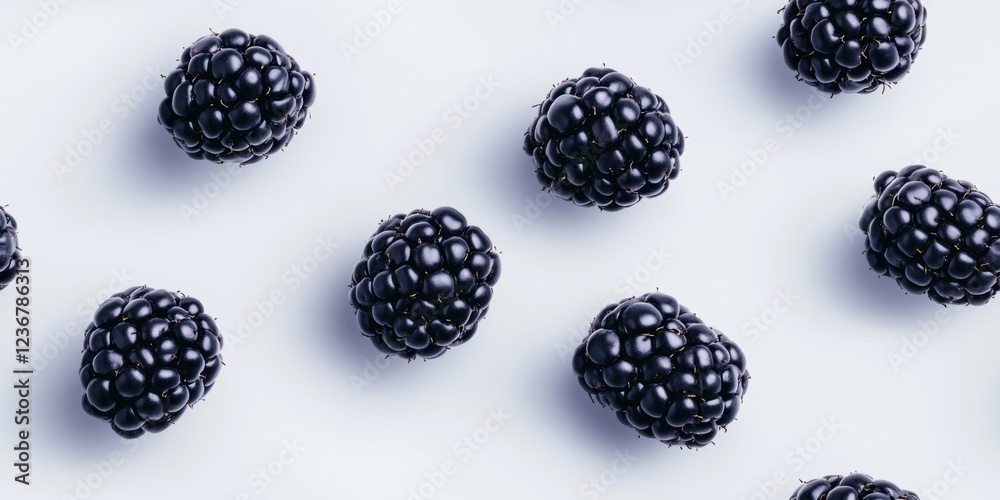 Realistic fresh blackberries scattered on a pure white background, highlighting their vibrant tones and natural texture in a crisp, minimal composition Realistic fresh blackberries scattered on a pure white background, highlighting their vibrant tones and natural texture in a crisp, minimal composition
