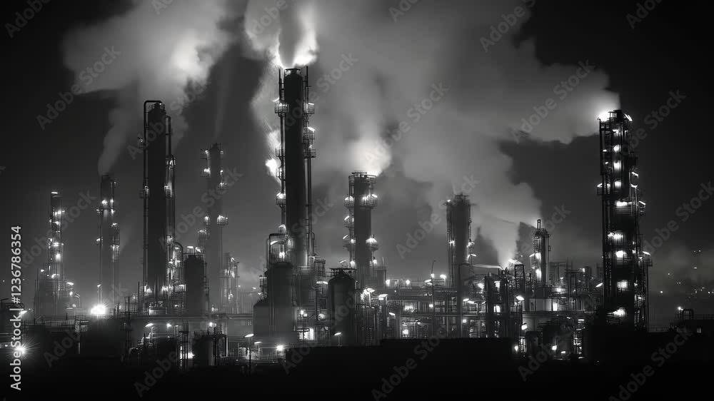 Industrial factory at night with billowing smoke and illuminated towers Industrial factory at night with billowing smoke and illuminated towers
