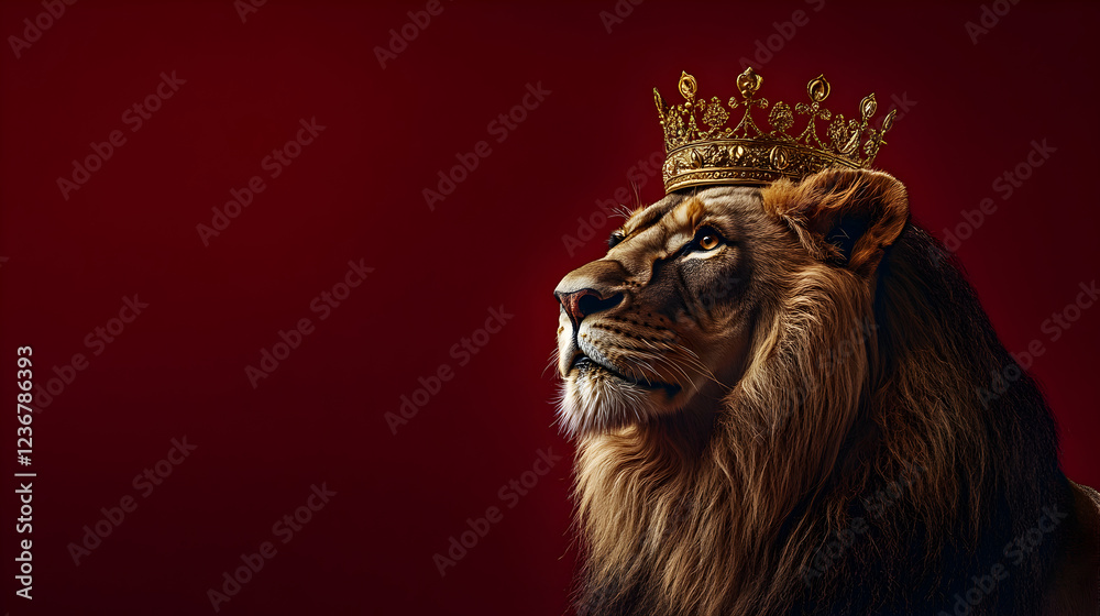 Fototapeta premium Royal lion wearing a golden crown standing against a solid red background exuding power majesty and nobility ultra-detailed high-quality studio portrait with a regal and commanding presence