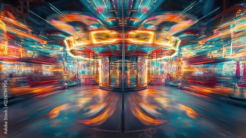 A vibrant and dynamic scene depicting a carousel in motion, illuminated by colorful lights that create a mesmerizing blur effect. The image captures a dreamlike atmosphere with swirling patterns of co