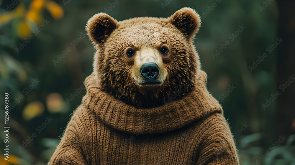 Obraz premium Brown bear wearing a thick cozy sweater standing confidently with a warm and charismatic presence exuding comfort and sophistication ultra-detailed high-quality studio portrait