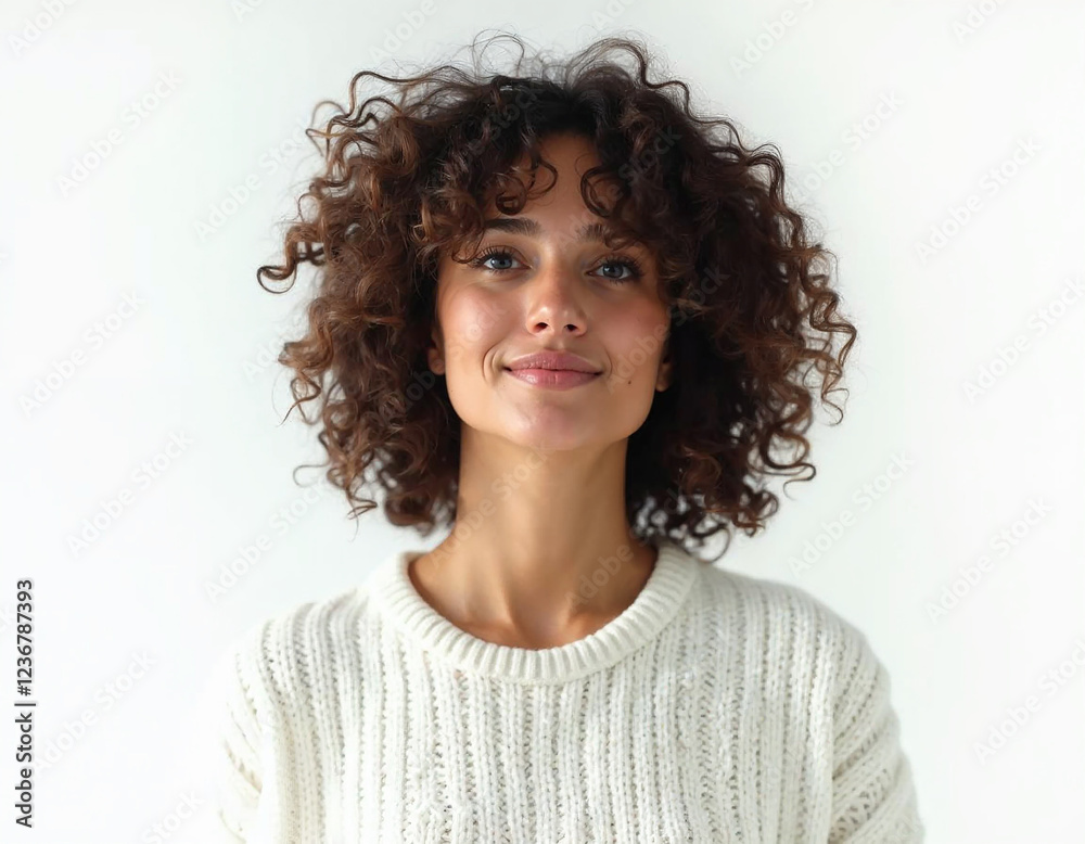 Woman with curly hair in a white sweater, half body, bright lighting photography on a white background. Generative AI Woman with curly hair in a white sweater, half body, bright lighting photography on a white background. Generative AI