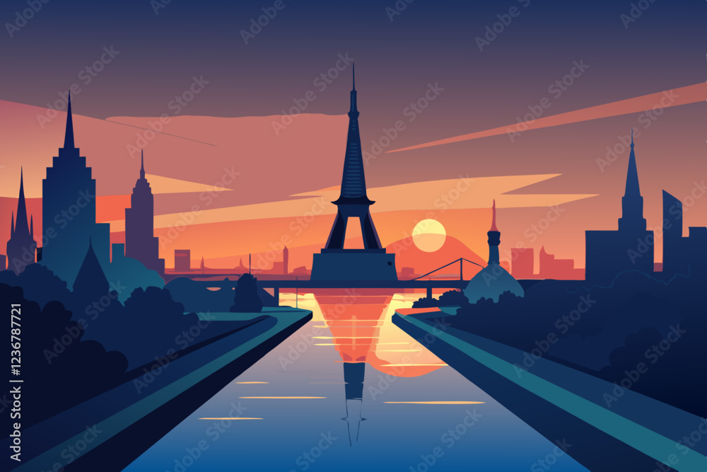city skyline at sunset