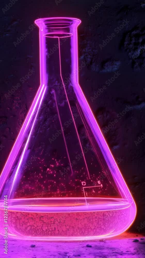 Glowing neon flask with bubbling liquid in dark lab setting