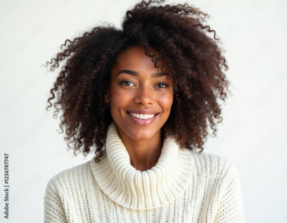 Woman with curly hair in a white sweater, half body, bright lighting photography on a white background. Generative AI Woman with curly hair in a white sweater, half body, bright lighting photography on a white background. Generative AI
