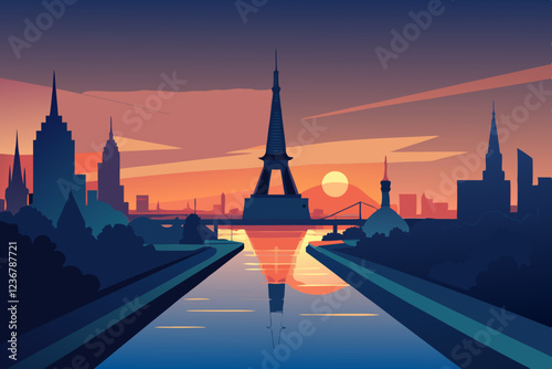 city skyline at sunset