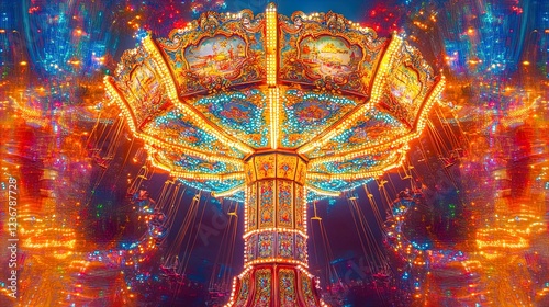 A beautifully illuminated carnival swing ride at night, showcasing intricate designs and vibrant colors. The ride is adorned with hundreds of twinkling lights that create a magical atmosphere, with re