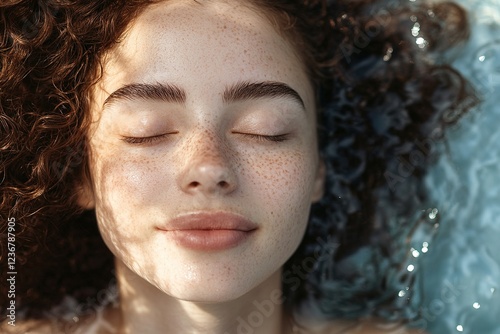 In a tranquil moment, a woman enjoys a peaceful experience with her eyes closed, her curly hair dispersing softly in clear water, bathed in warm golden light