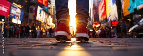 Vibrant Urban Scene at Sunset with Pedestrian in Sneakers Surrounded by City Life in Times Square