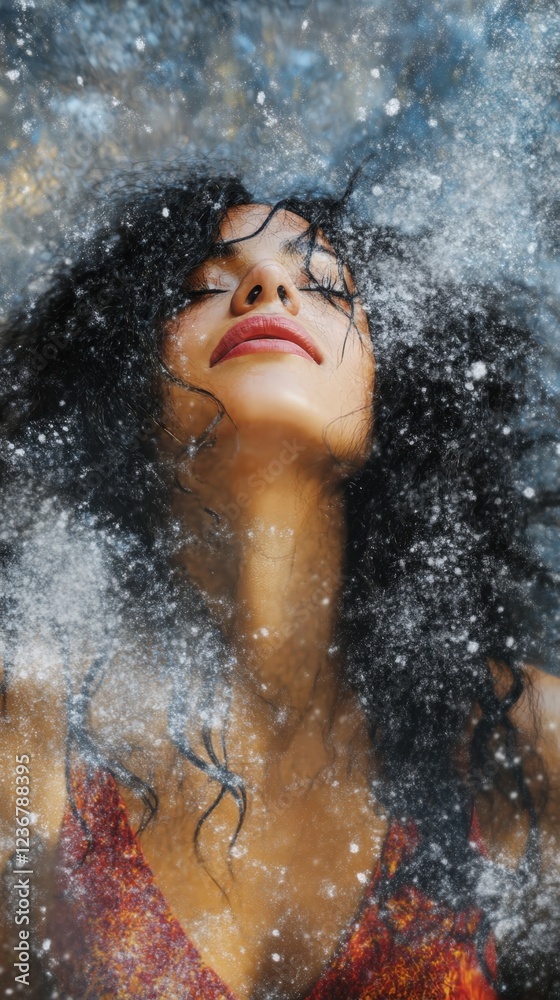 Obraz premium Woman, curly hair, flour, beauty, studio, serene, photoshoot, lifestyle.