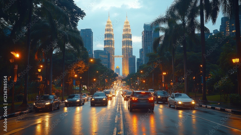 Obraz premium Evening city street traffic, rain, Kuala Lumpur, skyscrapers