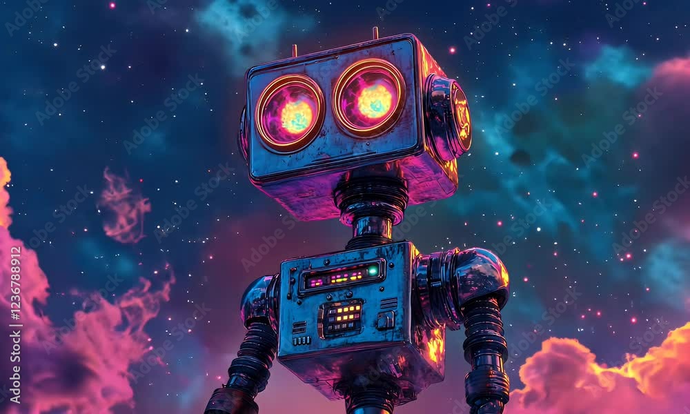 Retro robot gazing at cosmic sunset