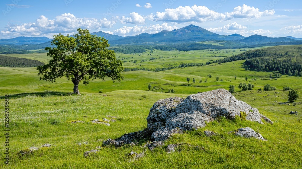 Solitary tree on grassy hill, mountain view, summer day, peaceful landscape, nature background Solitary tree on grassy hill, mountain view, summer day, peaceful landscape, nature background