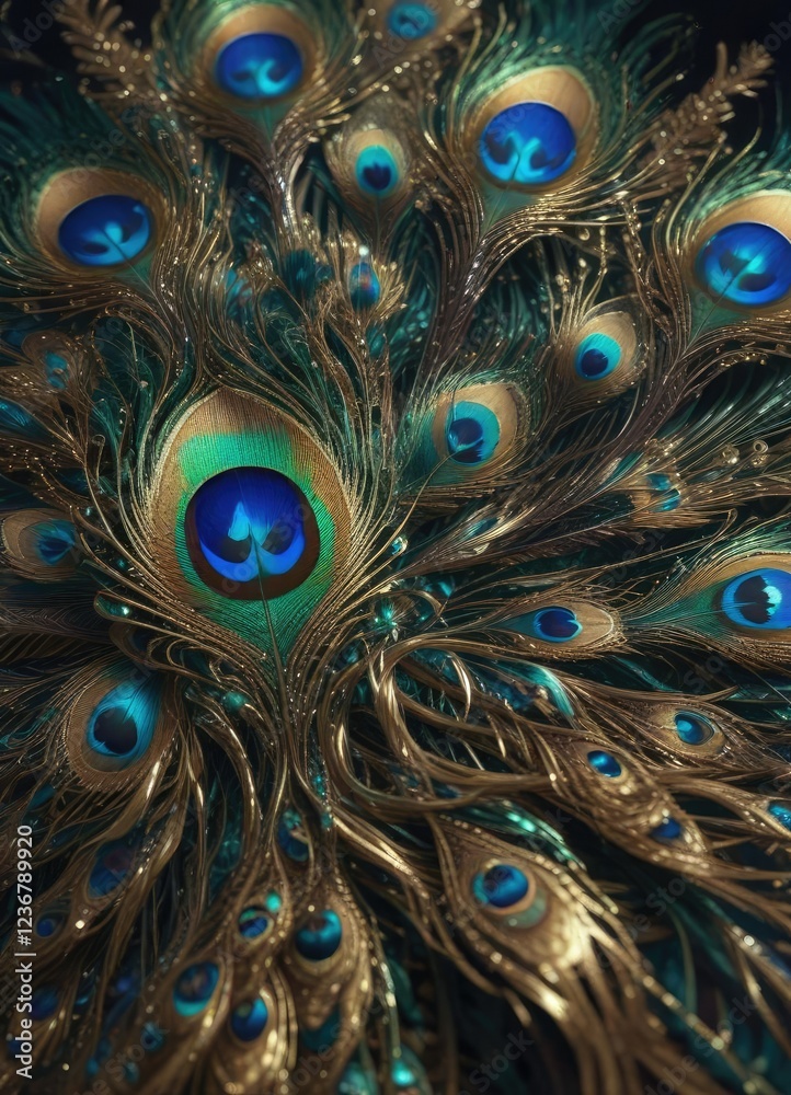 Fototapeta premium intricate peacock feathers in a fractal-like pattern with shimmering effects, cosmic vibes, otherworldly atmosphere