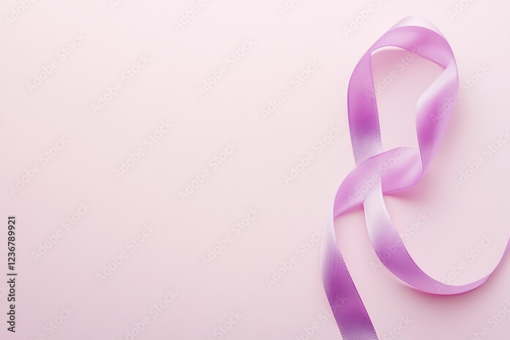 A purple ribbon on light violet background symbolizing cancer awareness, copy space for text, top view. Realistic stock photo captured by professional photographer. A purple ribbon on light violet background symbolizing cancer awareness, copy space for text, top view. Realistic stock photo captured by professional photographer.