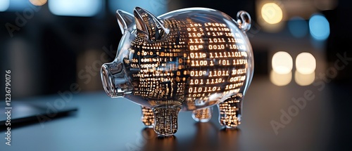A transparent piggy bank filled with glowing binary code, symbolizing digital finance and modern savings in a tech-savvy world.