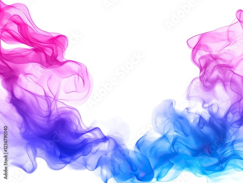 A vibrant blend of pink and blue smoke swirls against a white background, creating an abstract and artistic visual effect.