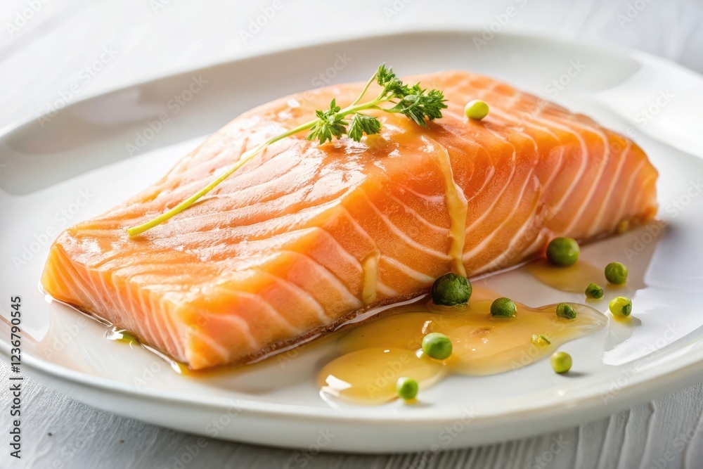 Juicy salmon fillet with visible dripping slime on a white plate, salmon, foodie Juicy salmon fillet with visible dripping slime on a white plate, salmon, foodie