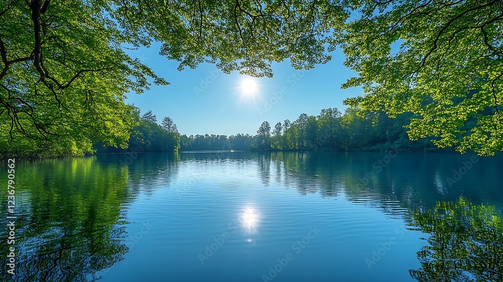 Fototapeta premium Sunny lake trees reflection daytime