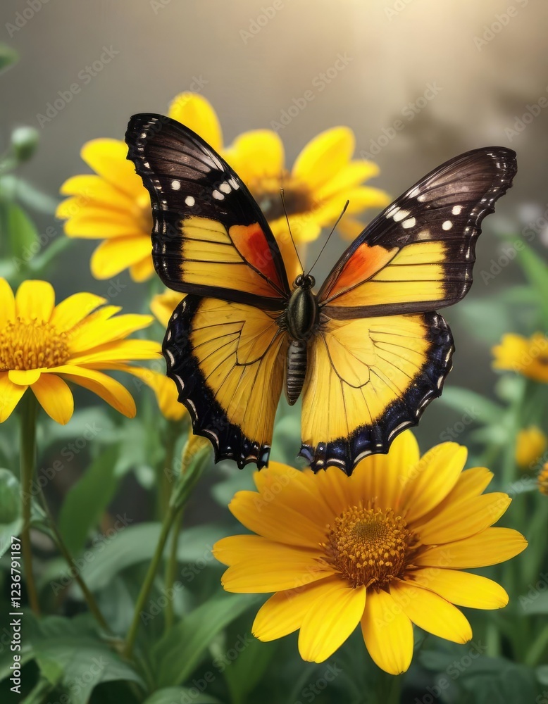 large butterfly resting on a large yellow flower, butterfly, garden large butterfly resting on a large yellow flower, butterfly, garden