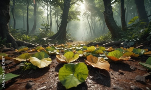 Large binahong leaves scattered on the forest floor, forest scene, nature photo