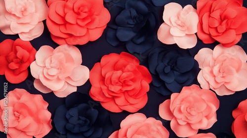 A vibrant array of artificial flowers in shades of pink, coral, and navy, creating a lively and colorful floral pattern.