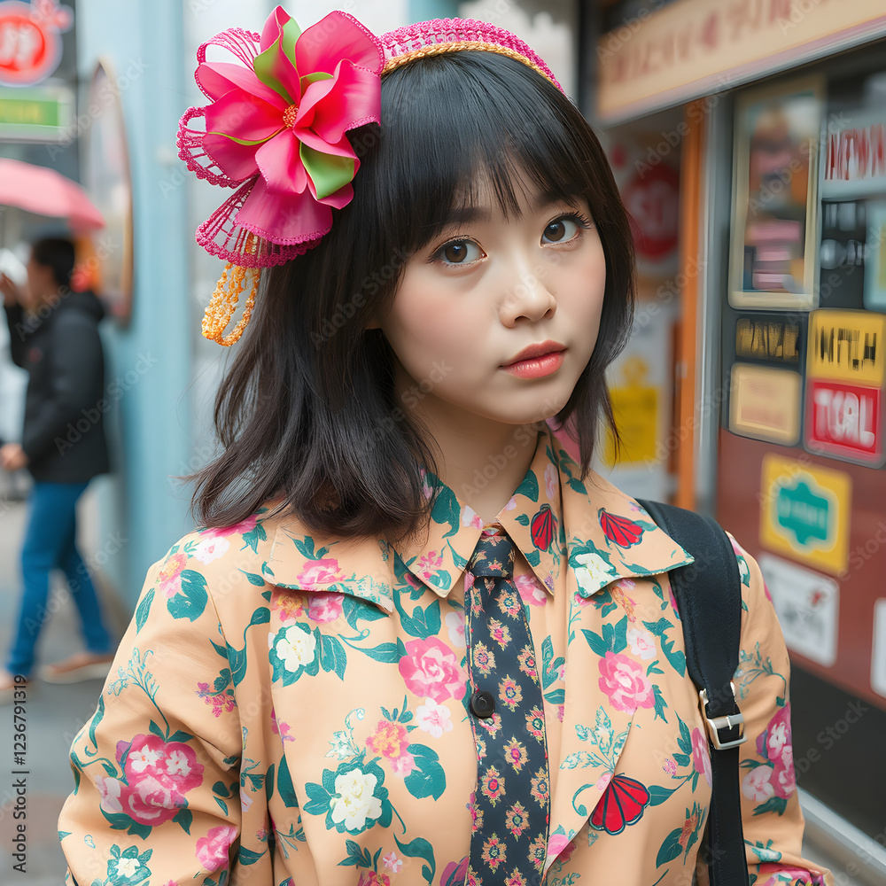 Una preciosa chica harajuku de pelo negro y una rosa en el cabello Una preciosa chica harajuku de pelo negro y una rosa en el cabello
