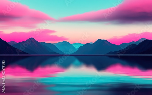A tranquil landscape featuring vibrant pink and blue hues reflecting on a calm lake surrounded by majestic mountains.